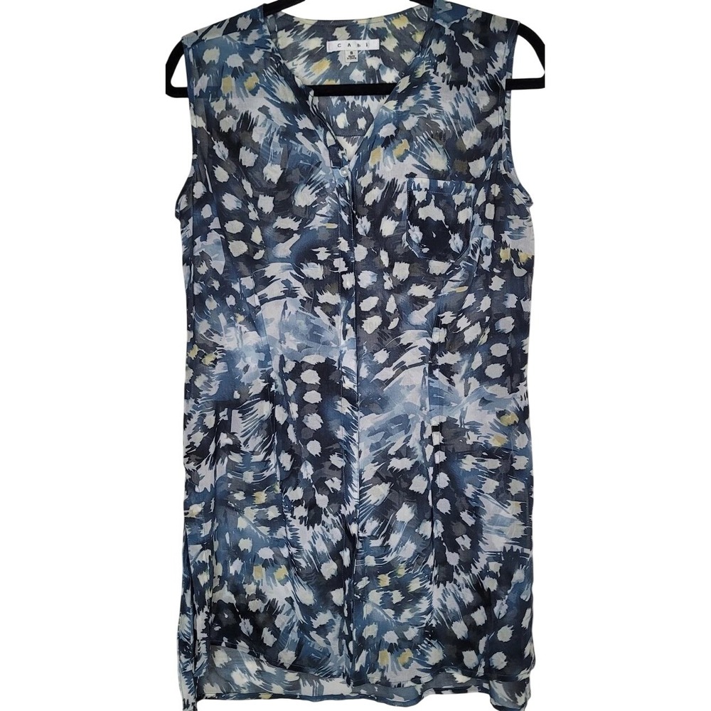 CAbi Abstract V-Neck Sleeveless Blouse Chest Pocket Blue White Yellow Sz S